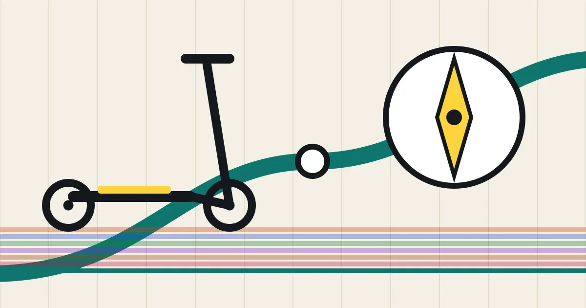 Plano de líneas de colores ilustrado con un patinete eléctrico en el centro