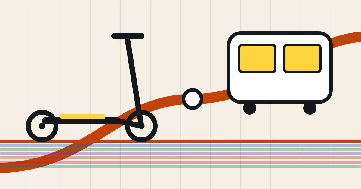 Vagón de tren ilustrado con un patinete eléctrico plegado junto a la puerta